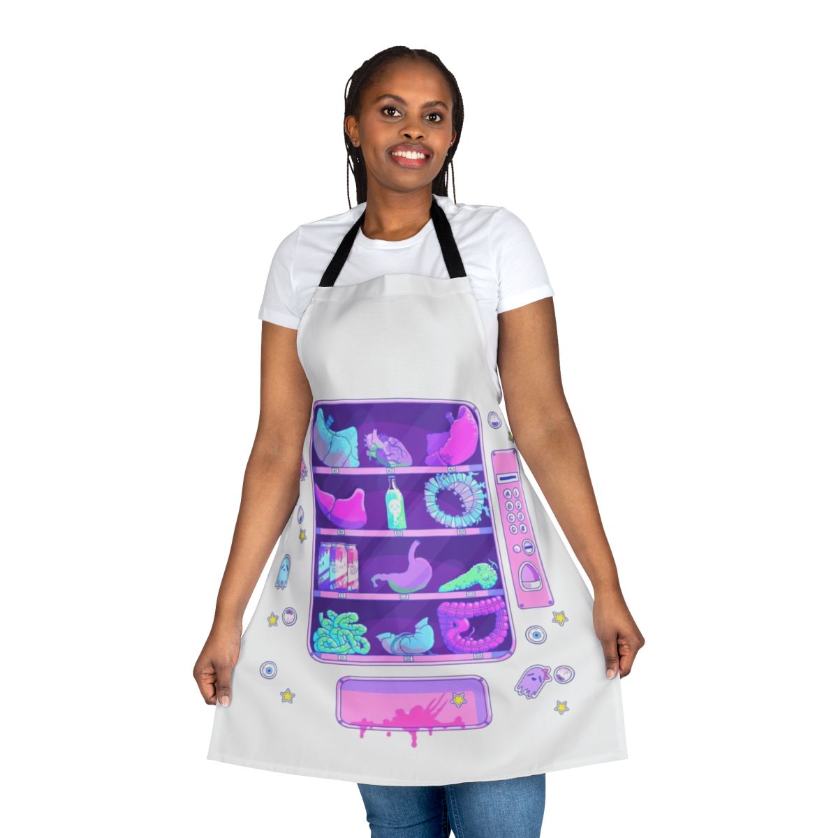 A pastel pink apron featuring cartoon-style organs and a creepy cute design, perfect for the macabre fashion enthusiast.