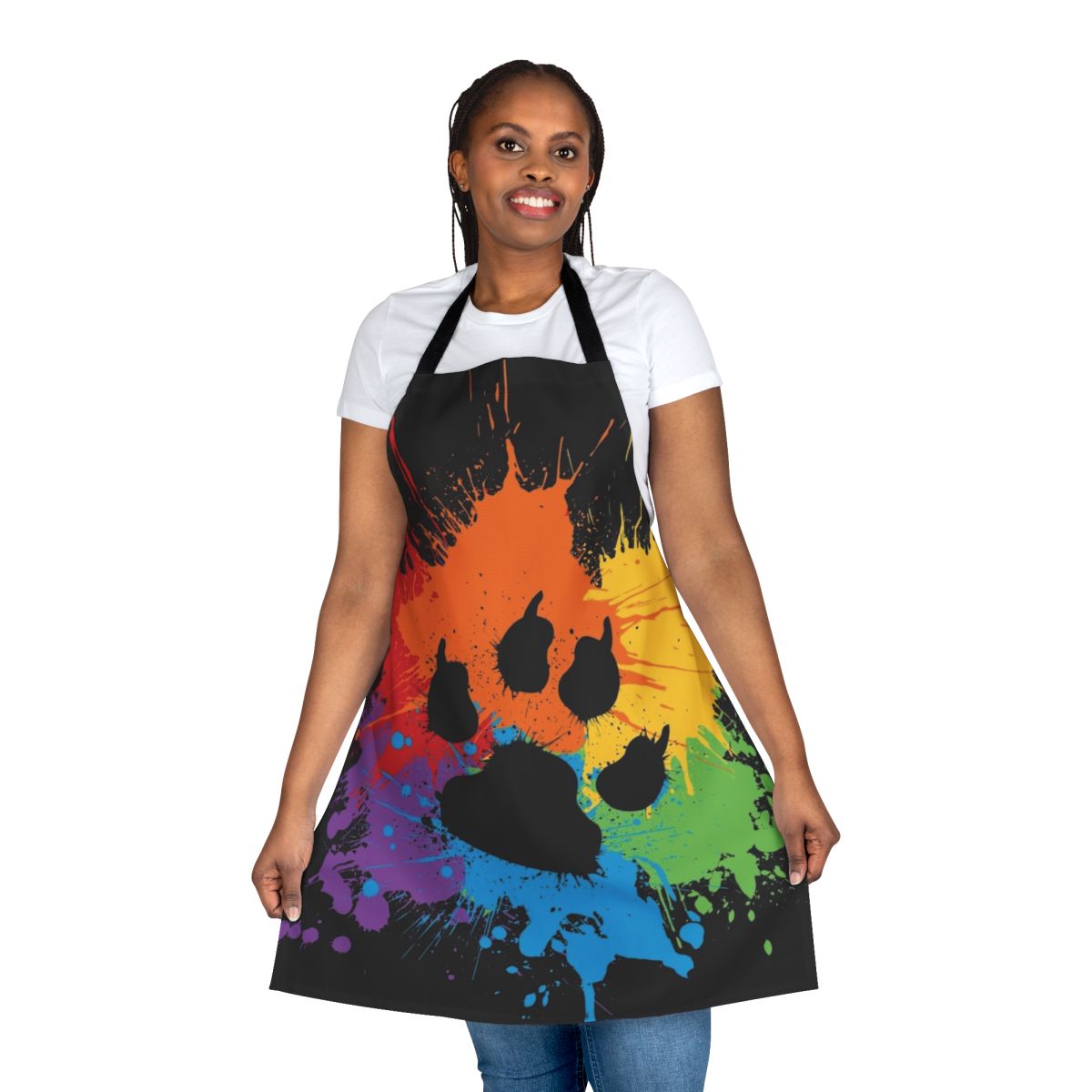 Paw Pride Furry Animal Apron, featuring a colorful design with bears, otters, wolves, and foxes in a pride-inspired pattern.
