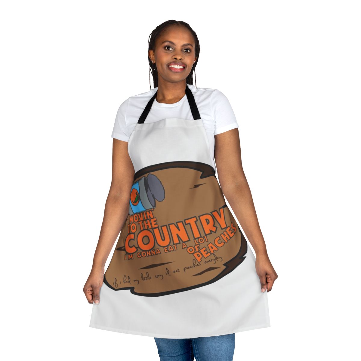 Peach-themed apron with 90s cartoon graphics