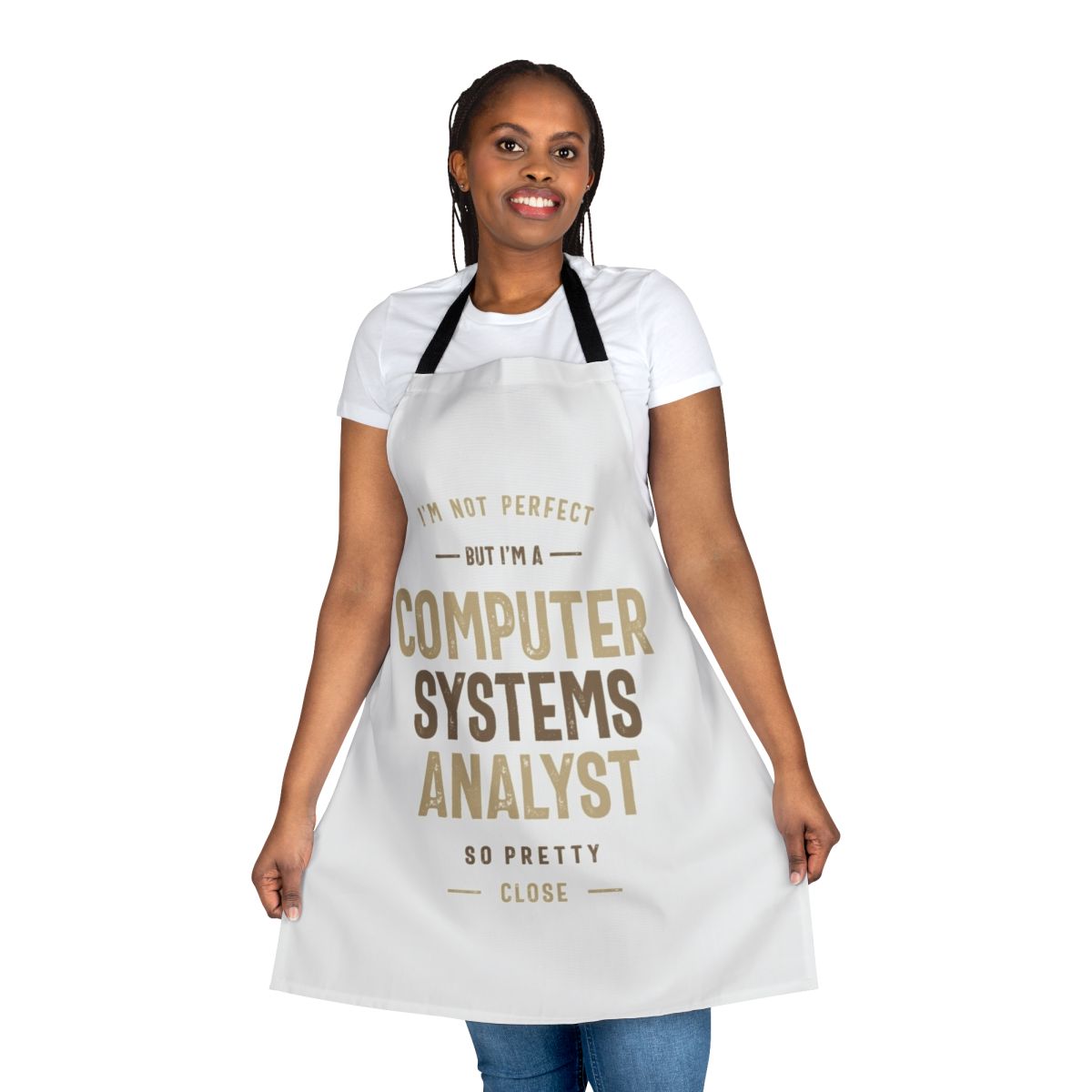 Computer systems analyst holding a clipboard wearing a custom designed apron