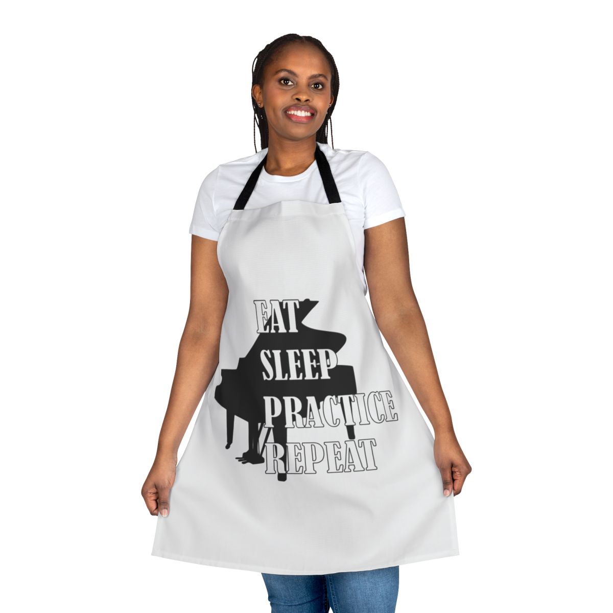 Piano-themed apron with the text "Eat Sleep Practice Repeat" for music lovers and musicians.