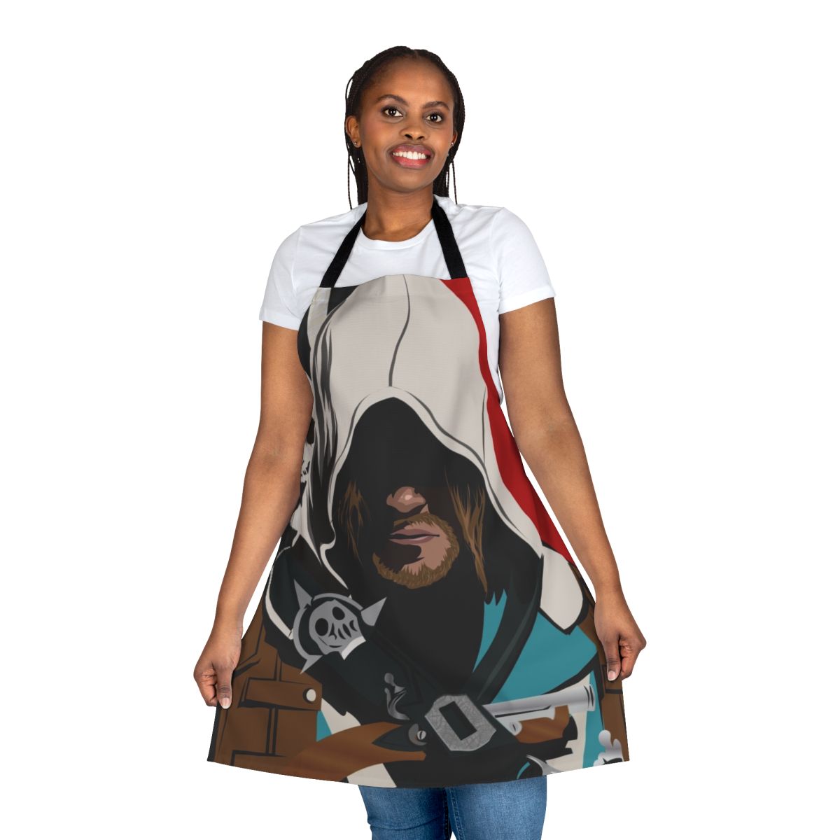 Assassin's Creed Black Flag-themed apron featuring pirate and island motifs