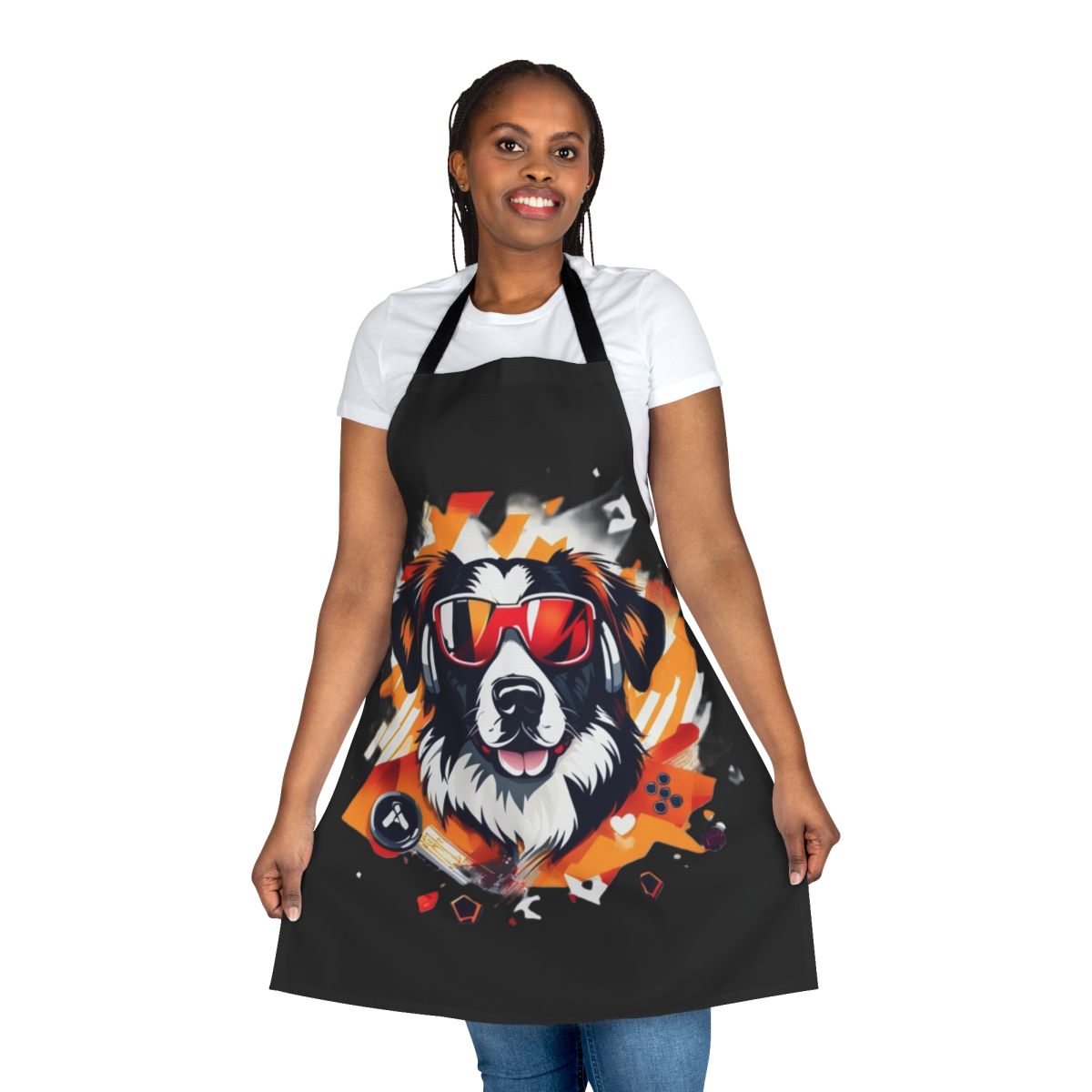 Playful dog themed apron with a gaming design, perfect for gamers and pet enthusiasts.