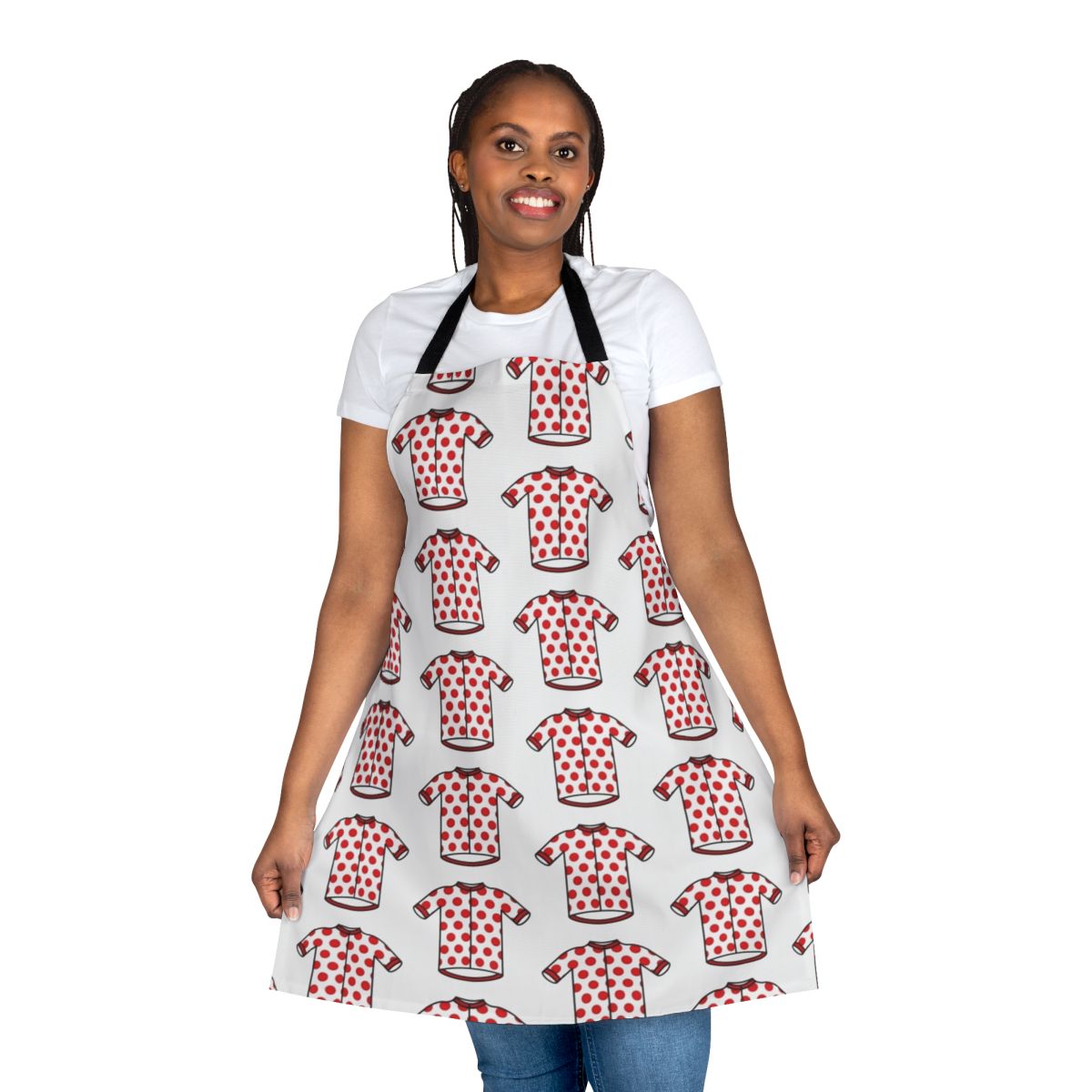 Polka dot cycling jersey pattern printed on a durable apron for cyclists