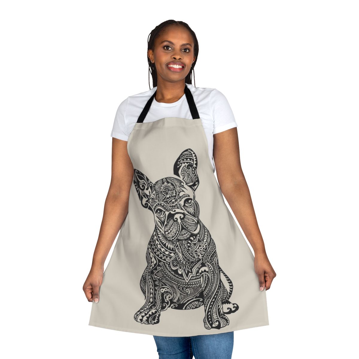 Polynesian-themed French Bulldog apron with tribal tattoo design