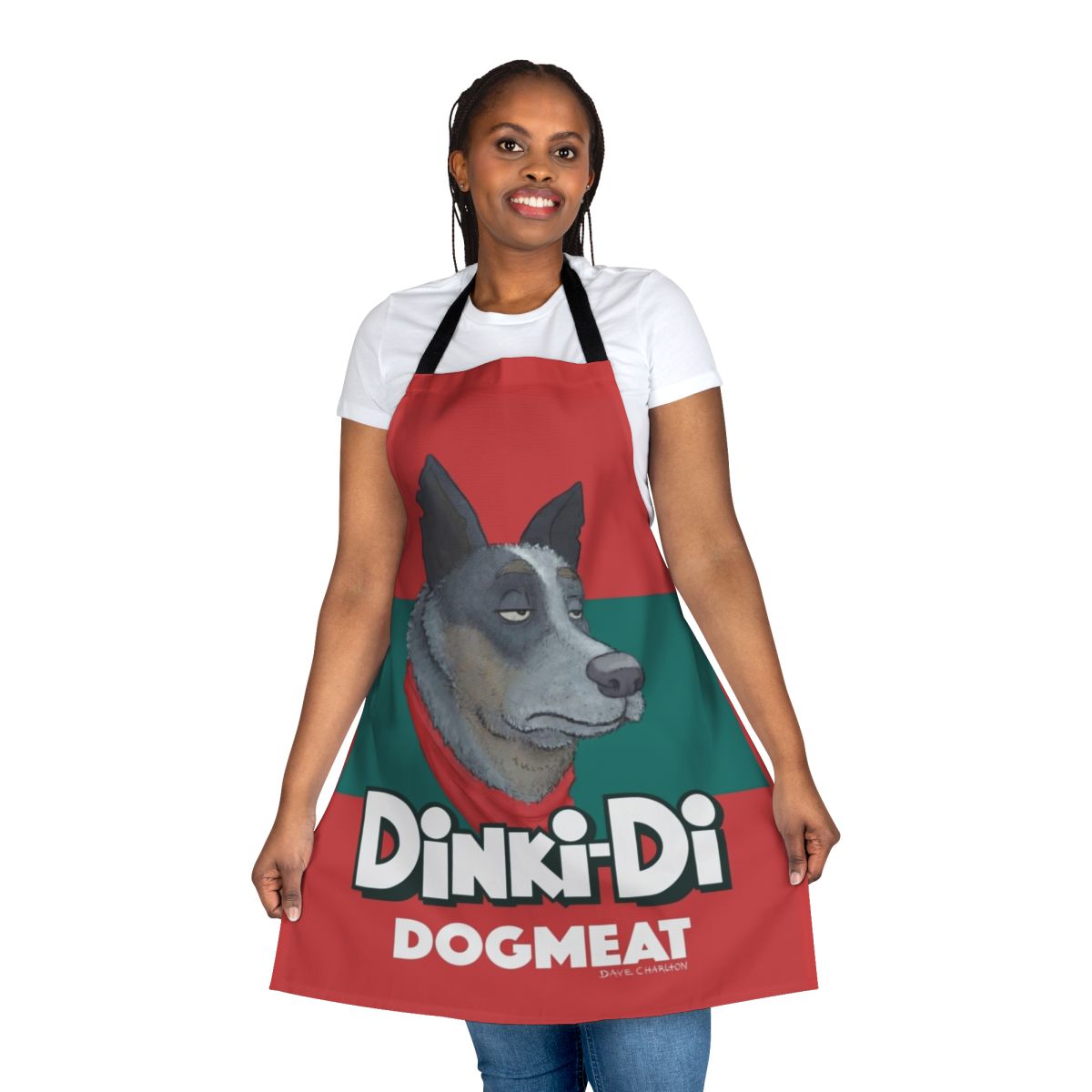 A durable, post-apocalyptic-themed apron featuring an Australian cattle dog or blue heeler design.