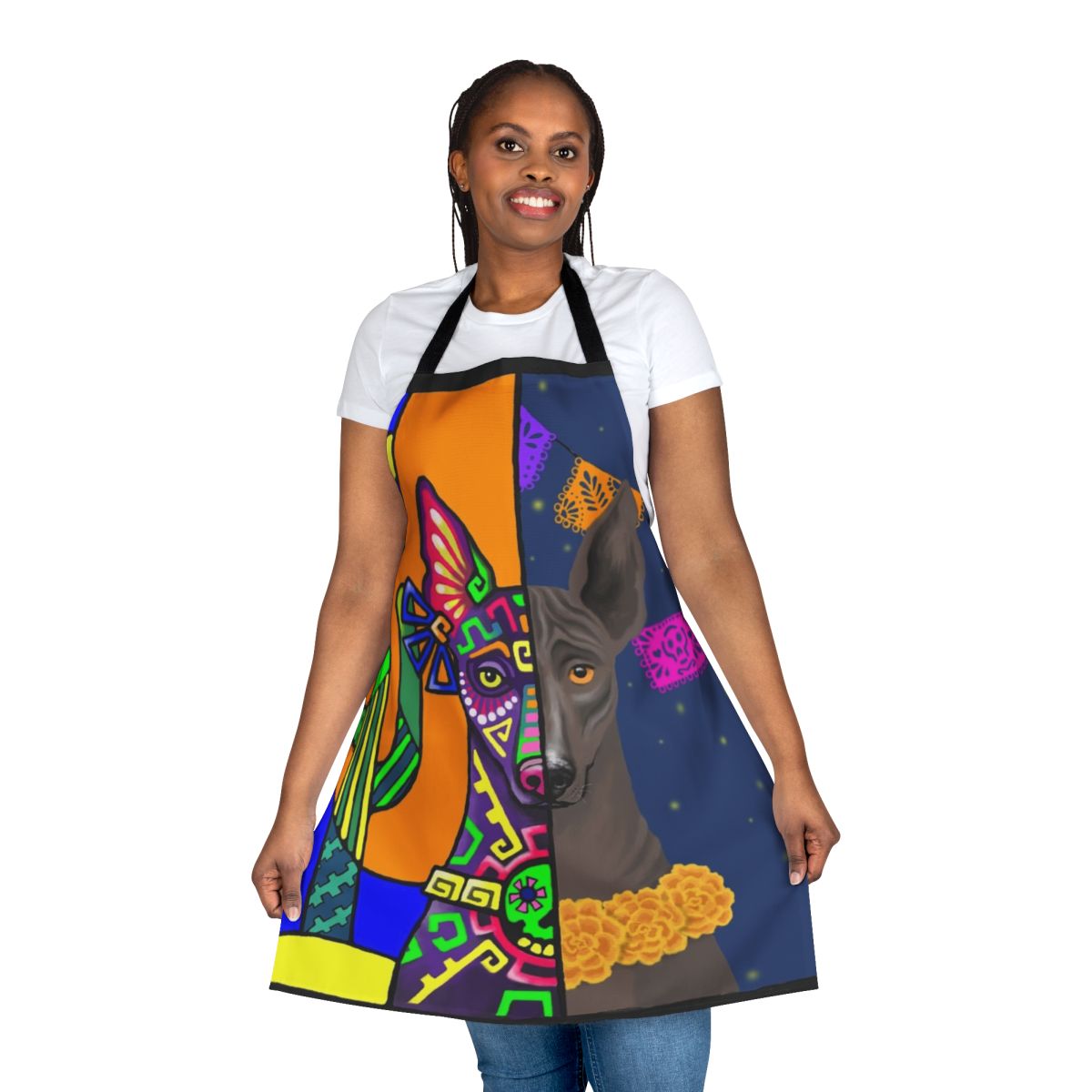 Prehispanic xolo-inspired decorative apron featuring the Mexican hairless dog breed