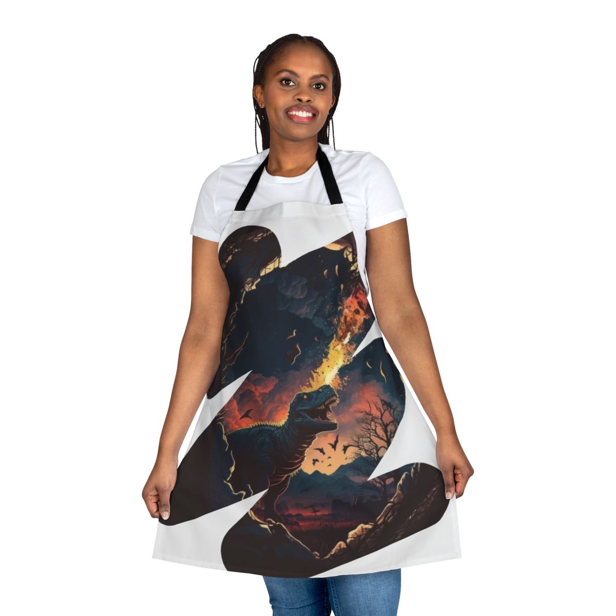 Prehistoric dinosaur cooking apron with T-Rex and dark fantasy design