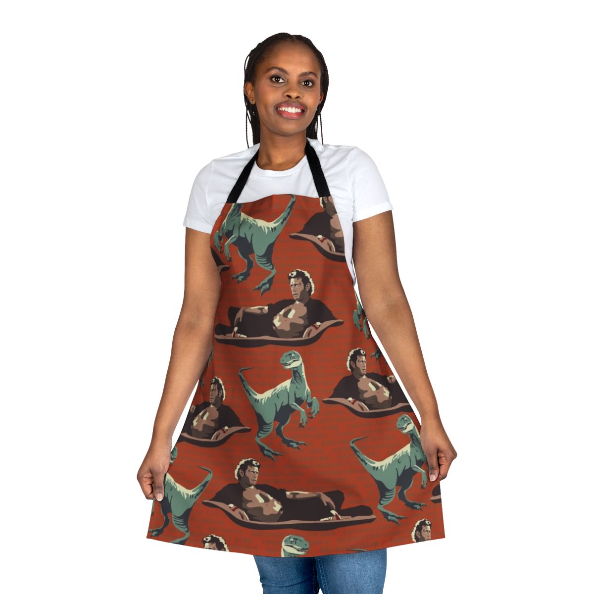 Jurassic-themed apron with DNA sequence pattern and velociraptor silhouette