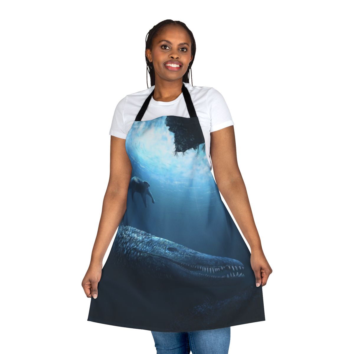 Illustration of a pliosaur, an extinct marine reptile, on a high-quality kitchen apron