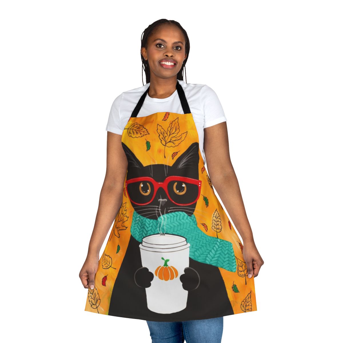 Autumn pumpkin-themed cat apron with a black cat wearing glasses and holding a pumpkin spice latte.