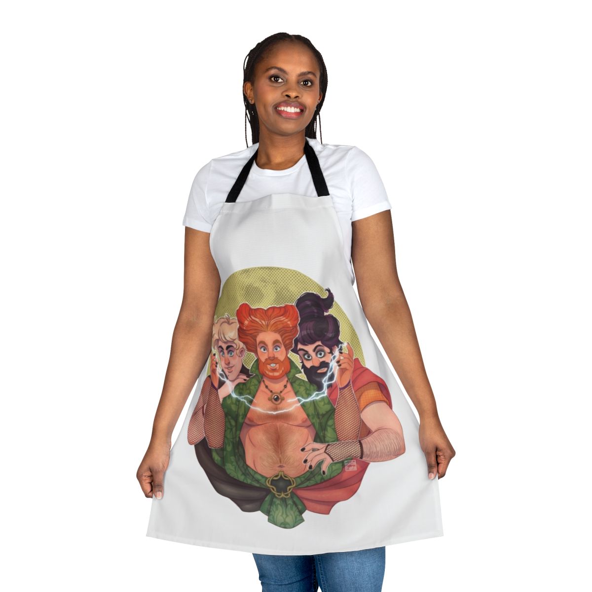 Hocus Pocus-themed apron featuring muscular bearded men in a queer art style