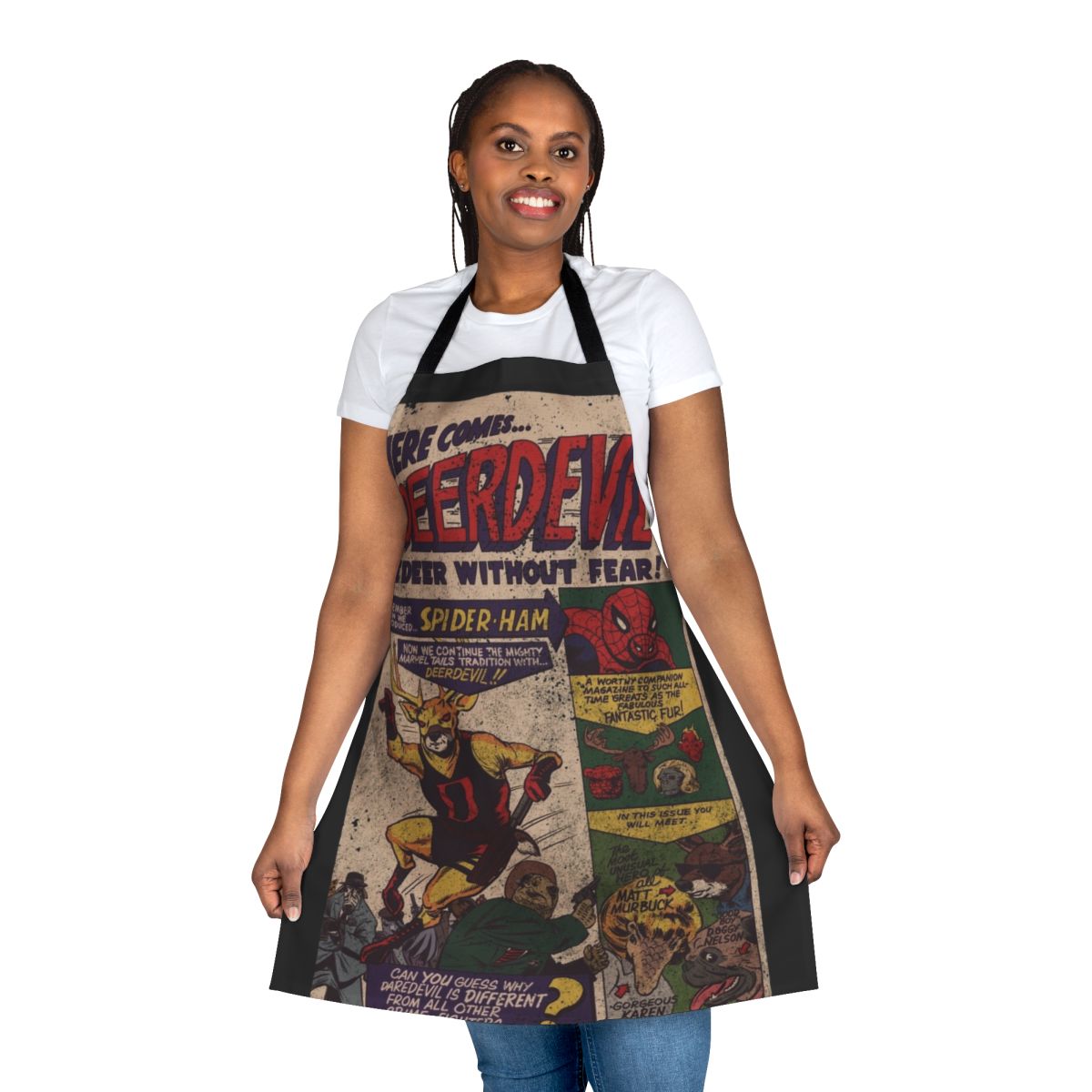 "Quirky superhero-themed apron with deer and daredevil design"