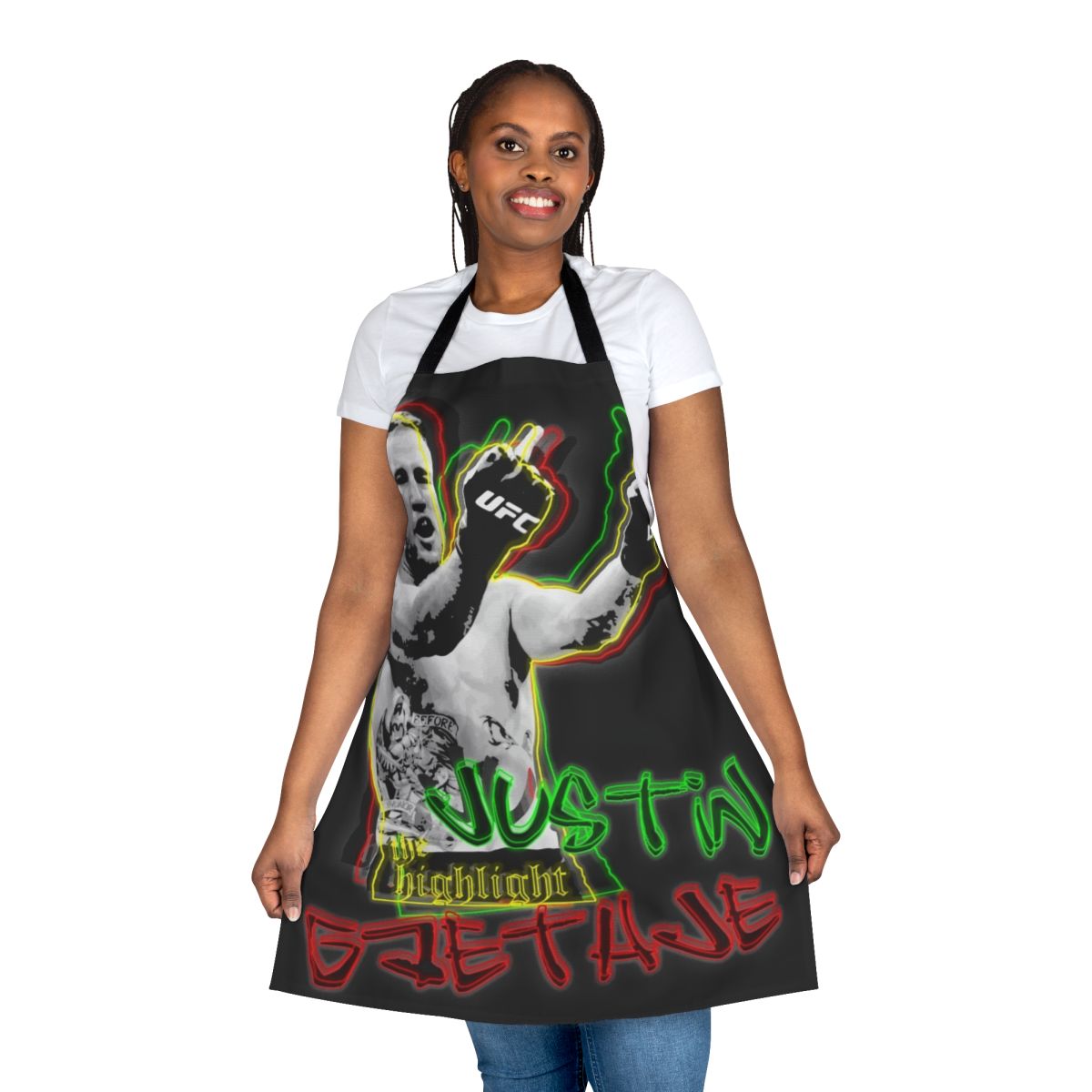 Rasta-inspired apron with the image of UFC fighter Justin Gaethje making his signature "double middle fingers" gesture