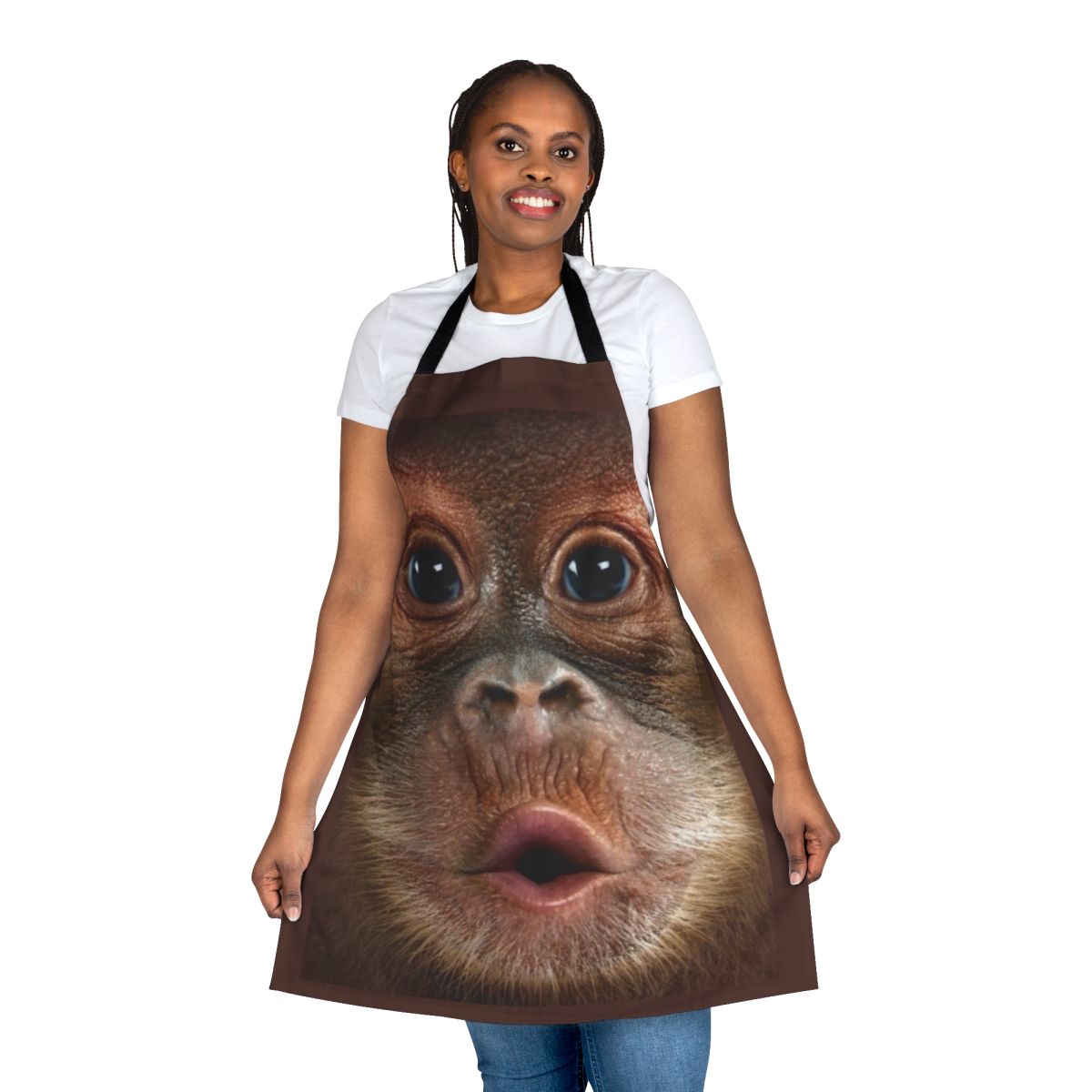 Realistic baby orangutan face printed on an apron, perfect for BBQ or wildlife enthusiasts.