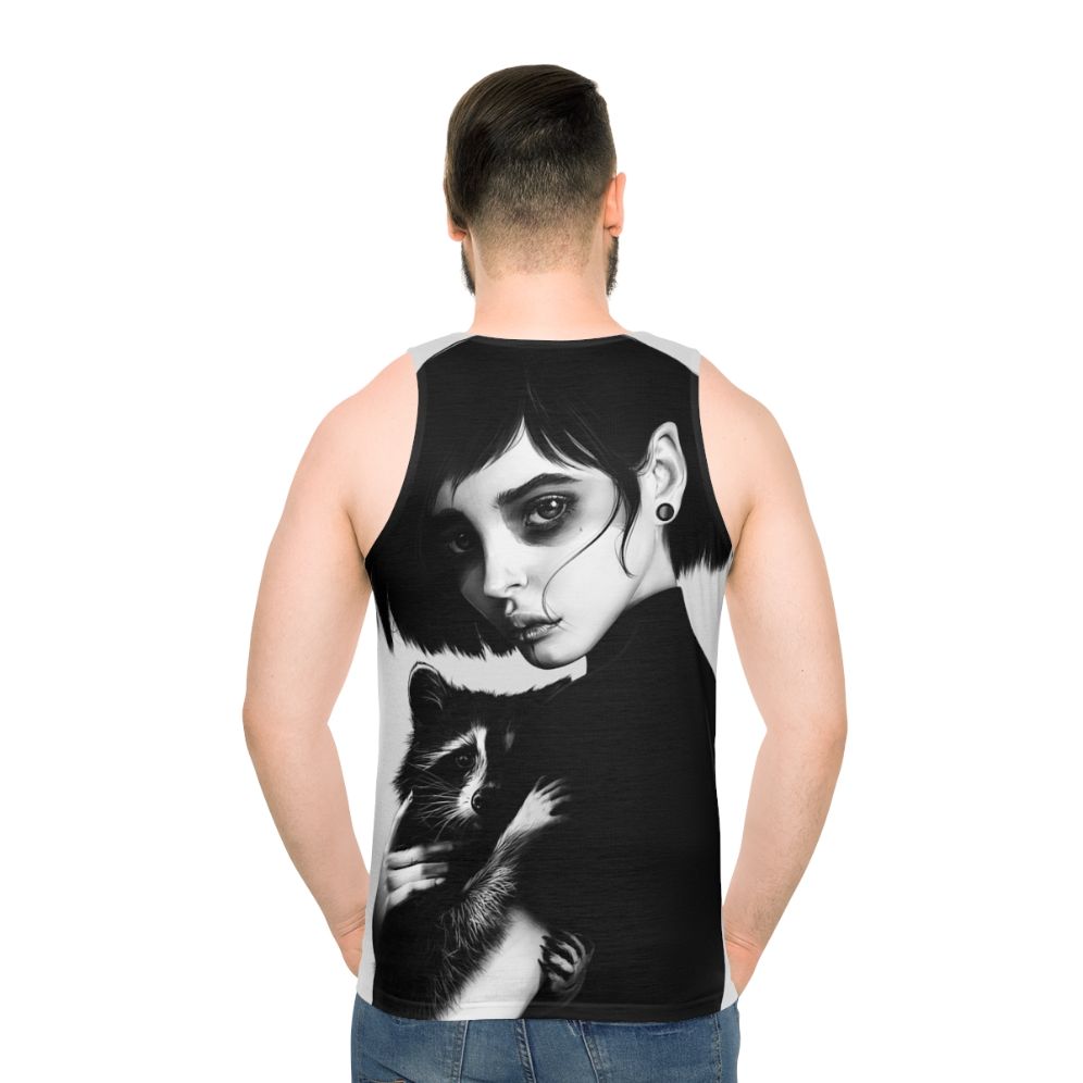 Realistic black and white raccoon portrait pencil art unisex tank top