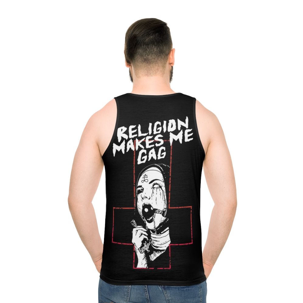 Goth-inspired unisex tank top with "Religion Makes Me Gag" design