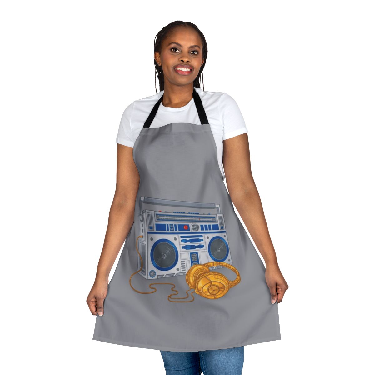 Recycled apron with boombox, robots, and Star Wars themed designs