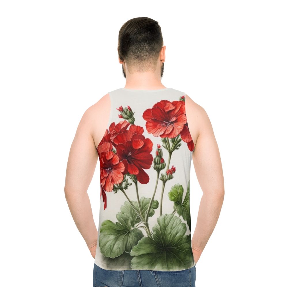 Red geranium flowers printed on a unisex tank top