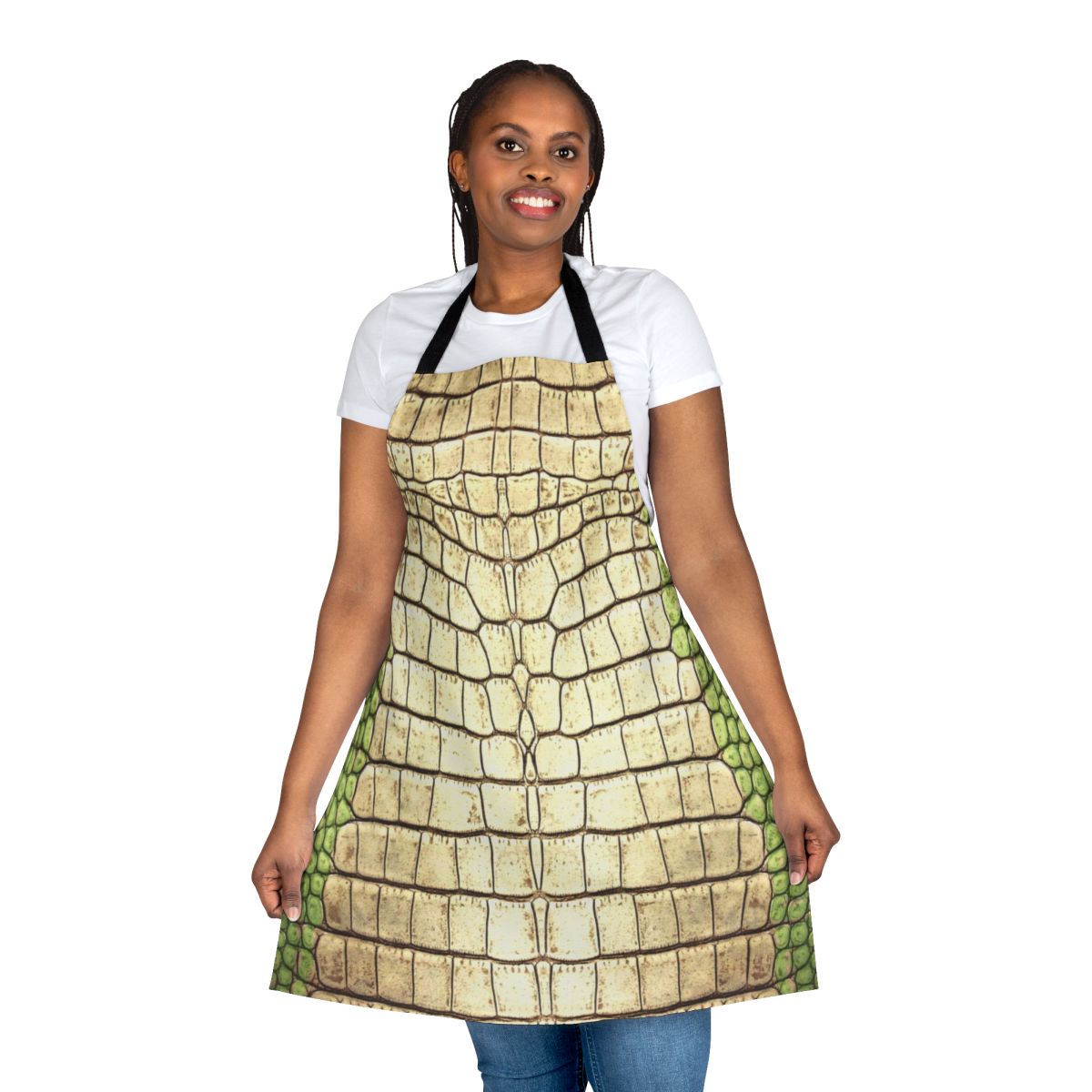 Reptilian belly pattern inspired apron featuring a scaly, reptilian-like design