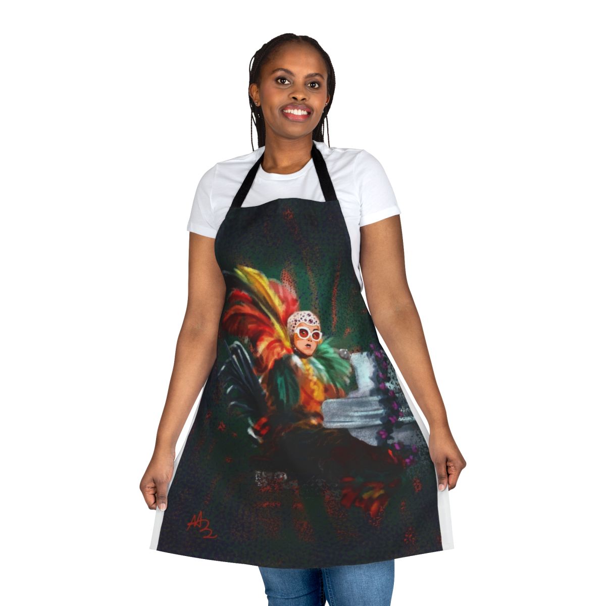 Colorful and flamboyant apron with Elton John-inspired design, featuring feathers, a rooster, and musical elements