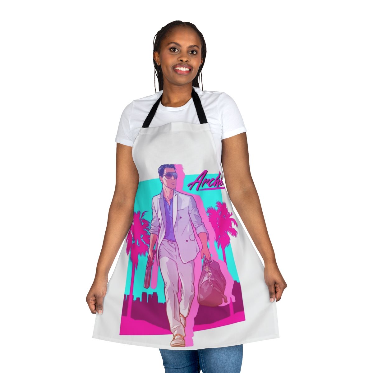 Archer Vice-inspired apron with 1980s synthwave/vaporwave design