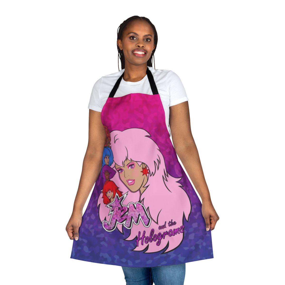 Jem and the Holograms inspired apron featuring the iconic 80s cartoon characters and band