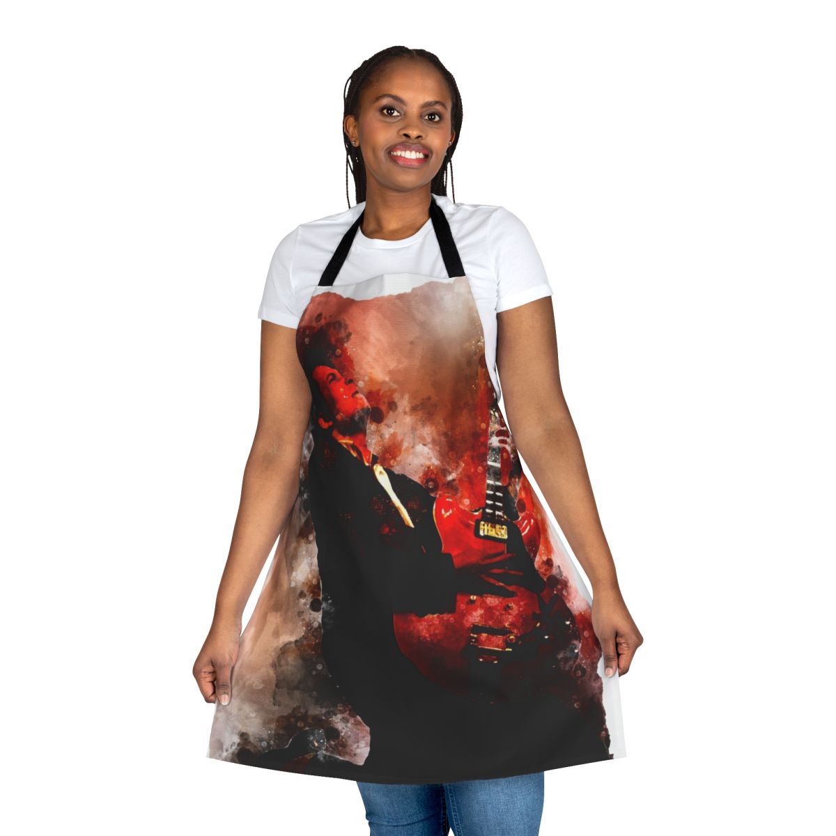 Retro 80s-style apron with Johnny B Goode guitar design, inspired by the Back to the Future movie