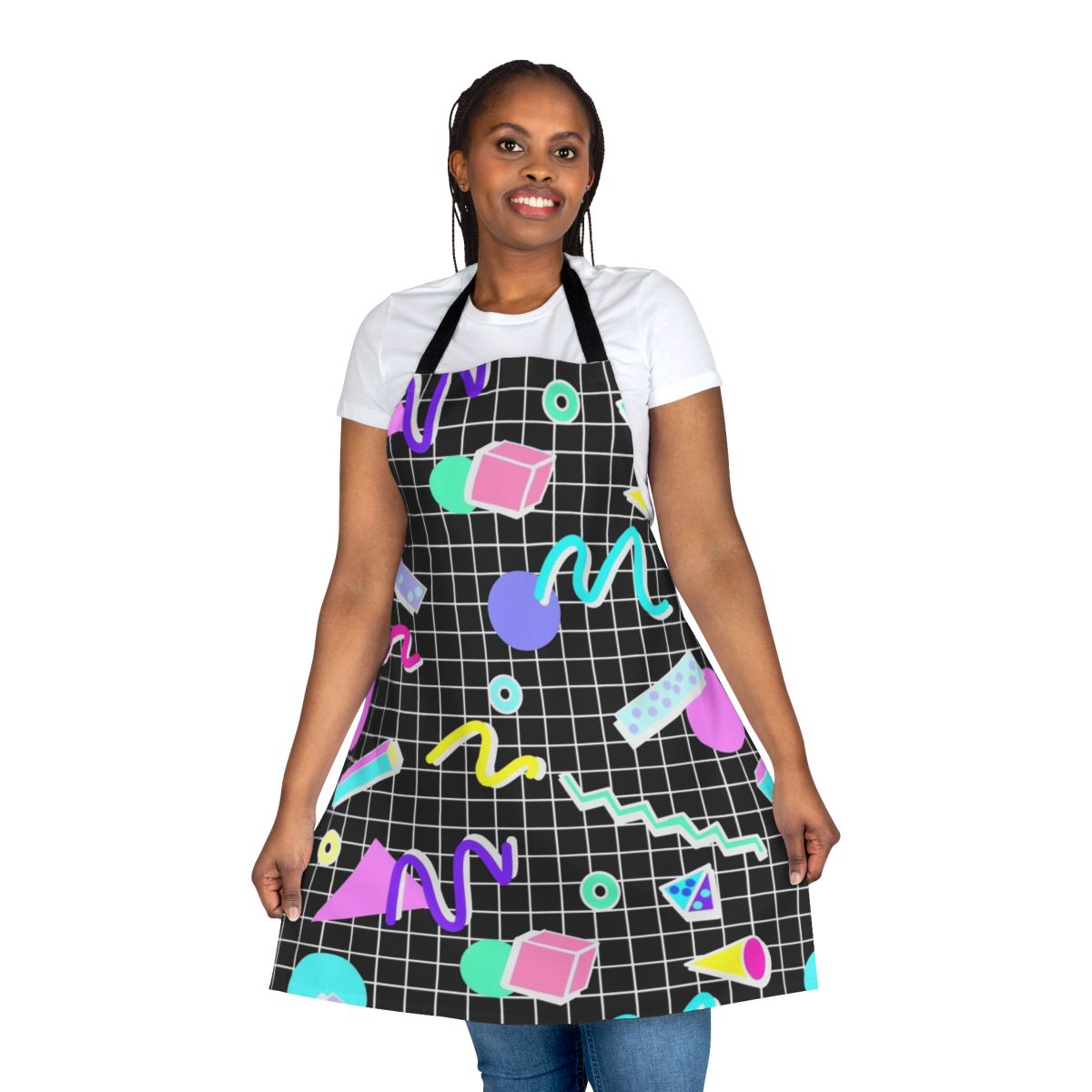 Retro 80s-inspired apron with a vibrant, geometric memphis-style pattern in a black background