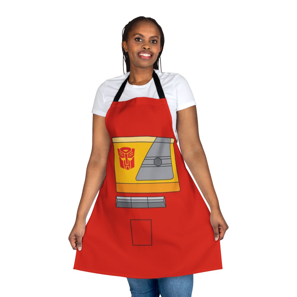 Stylized image of Transformers character Blaster on a retro-inspired apron
