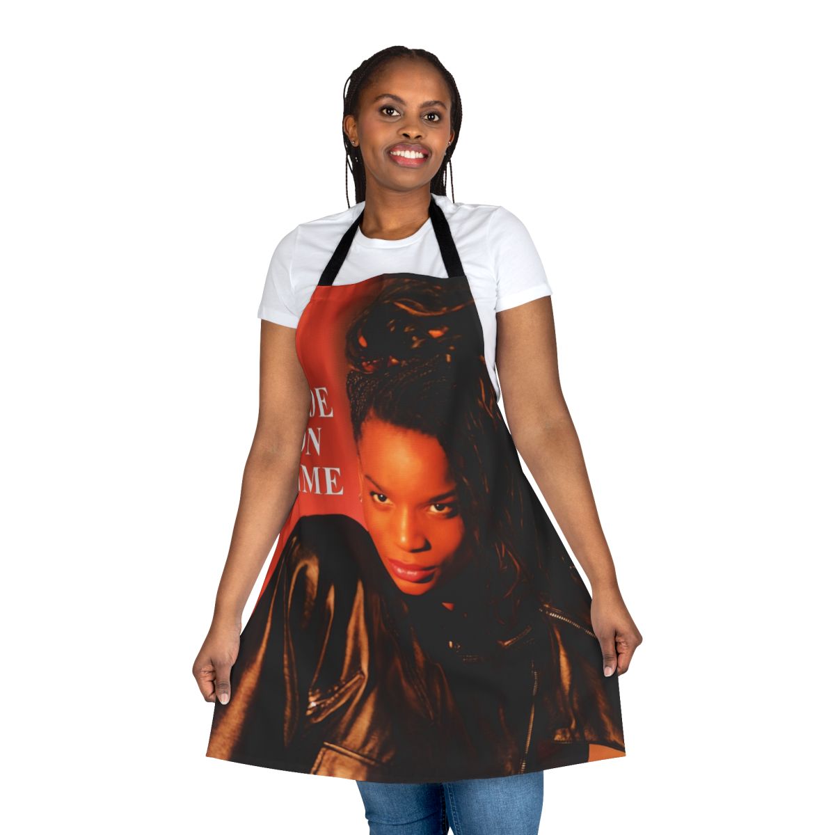 Retro 90s music-inspired apron with "Black Box Band Ride On Time" text