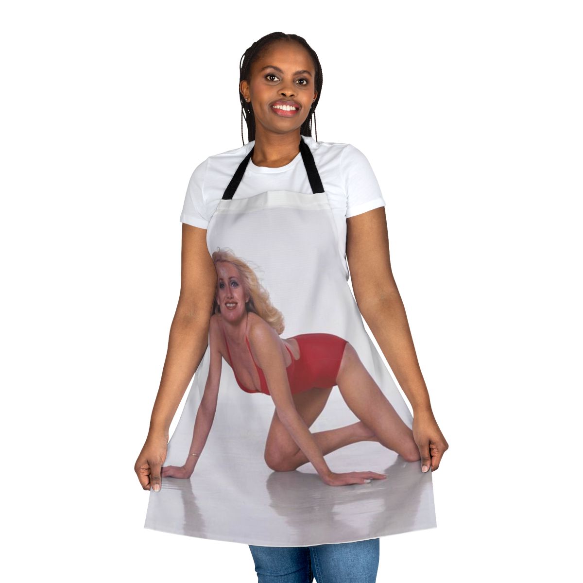 Retro apron featuring a design inspired by actress Suzanne Somers' iconic look