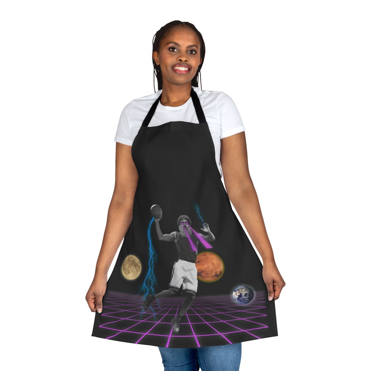 Retro-style basketball apron featuring a graphic design with planets, galaxies, and a vaporwave-inspired aesthetic.