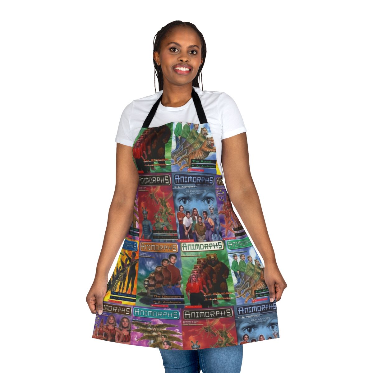 Apron with tiled design of retro Animorphs book covers