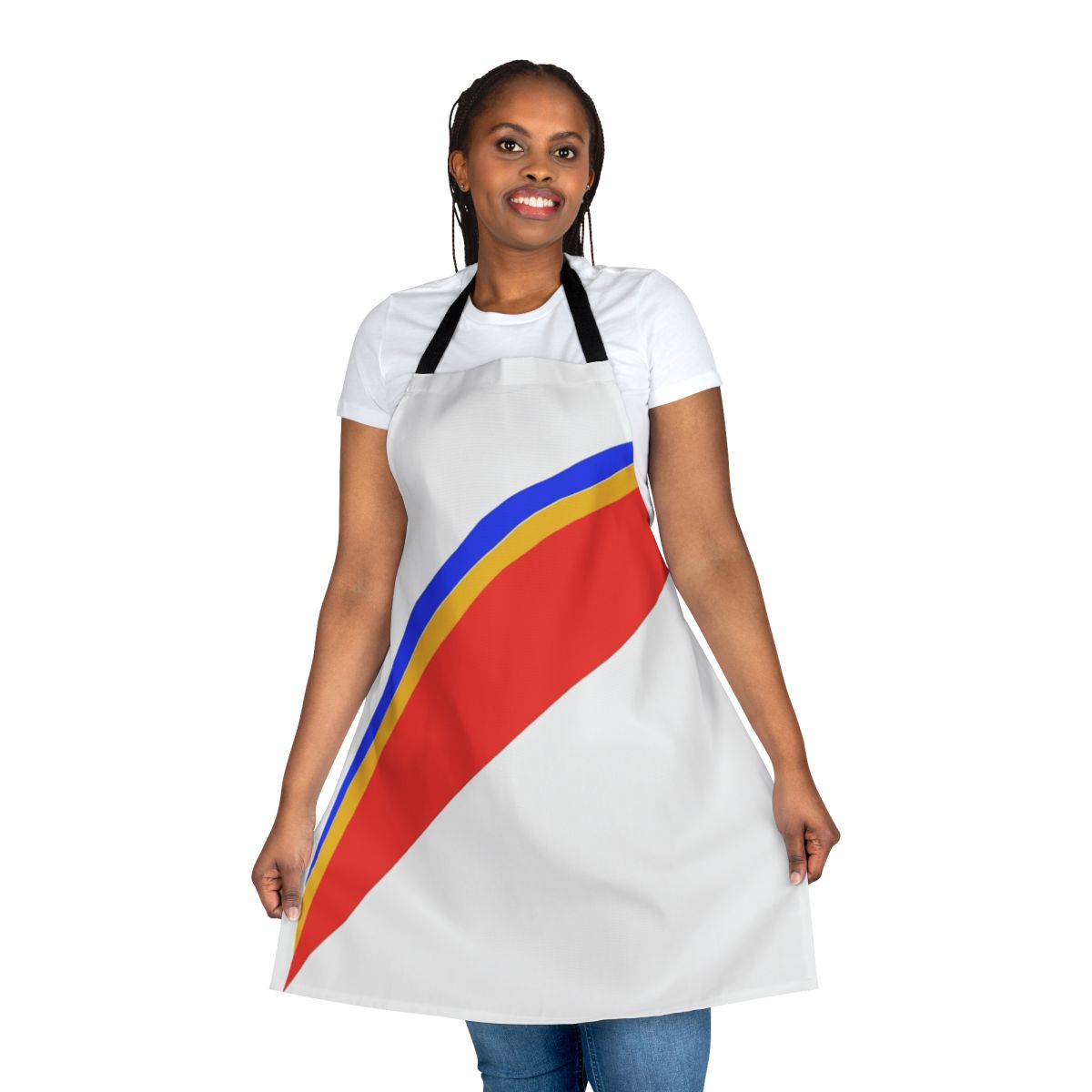 Retro and colorful apron featuring a captain eo inspired design with space and alien elements