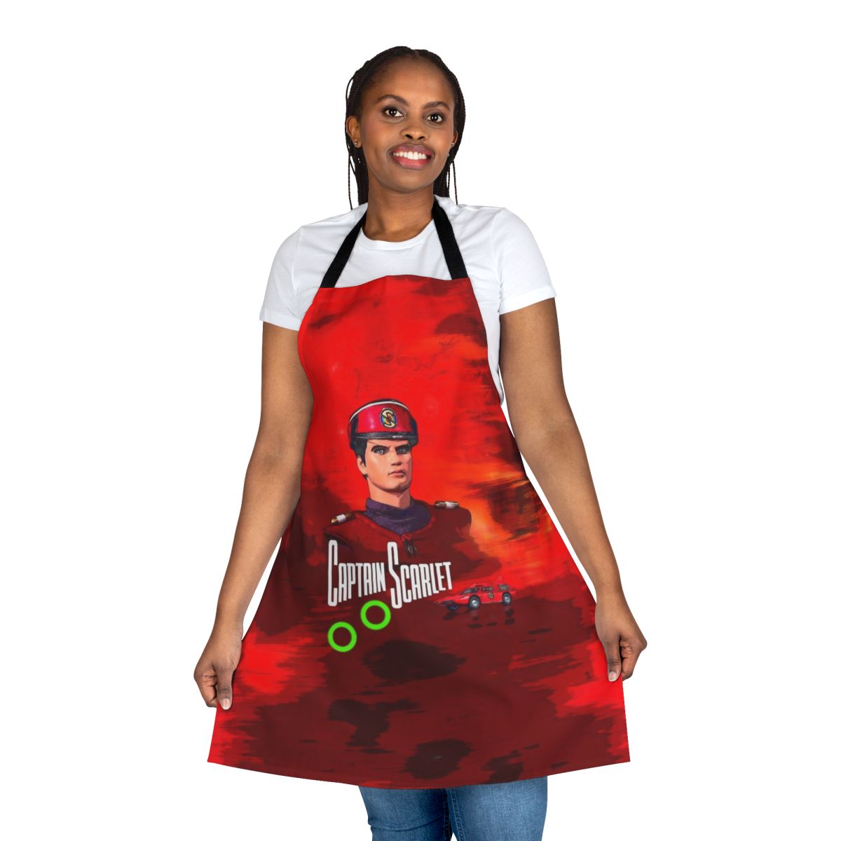 Retro sci-fi inspired apron featuring Captain Scarlet character artwork