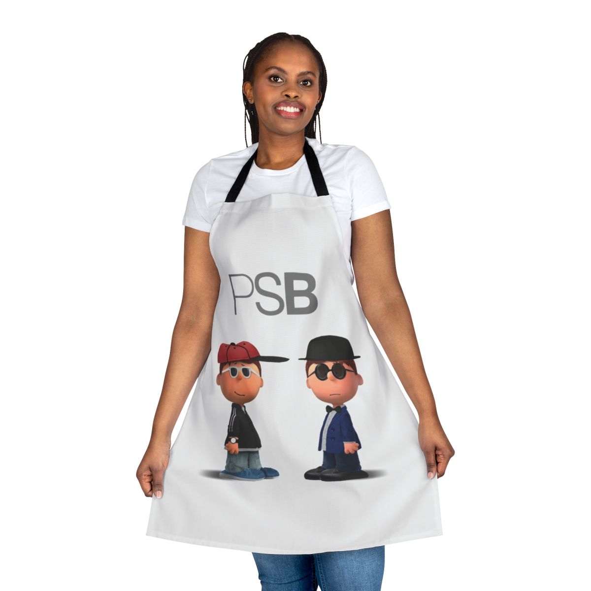 Retro-style cartoon apron featuring the iconic Pet Shop Boys logo and design