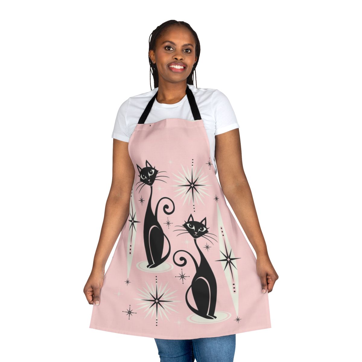 Retro cat apron with atomic starburst pattern in pink and black