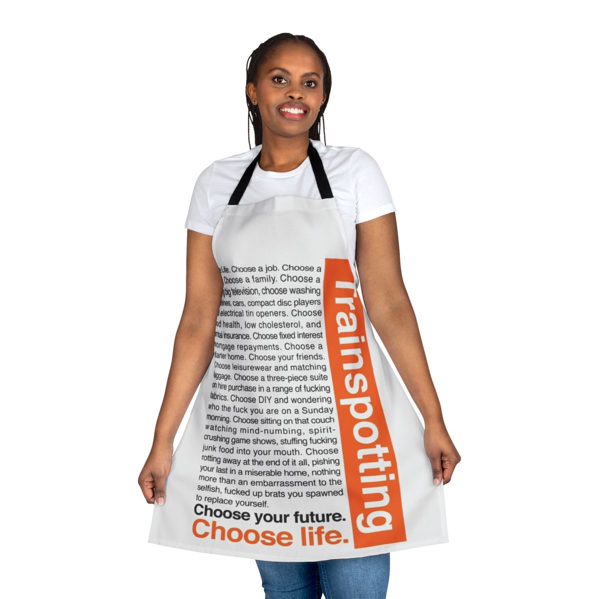 Retro "Choose Life" apron in the style of the classic 1990s cult film Trainspotting