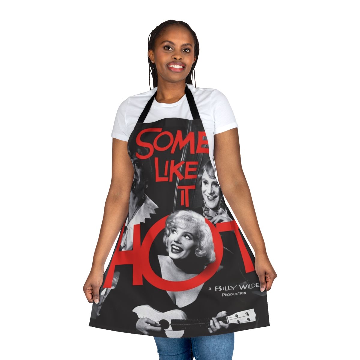Vibrant comedy-themed apron with "Some Like It Hot" retro design