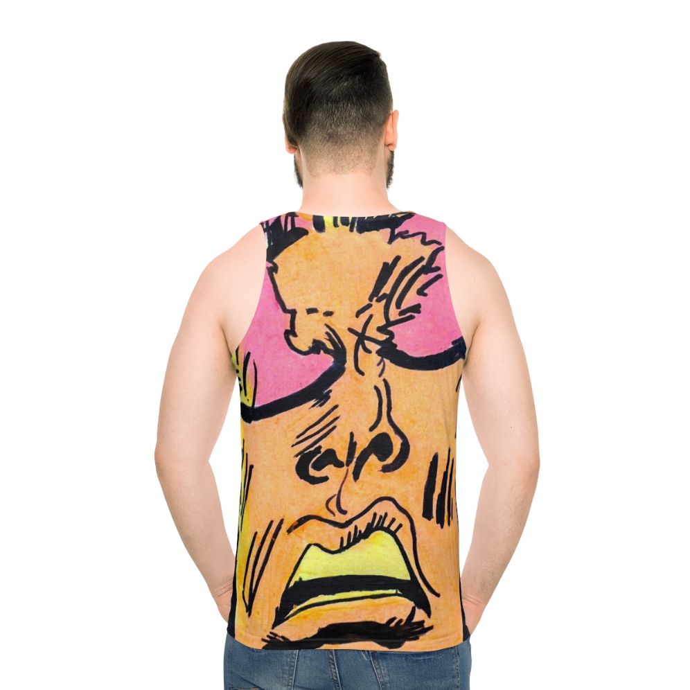 Retro comic art unisex tank top with expressive superhero faces