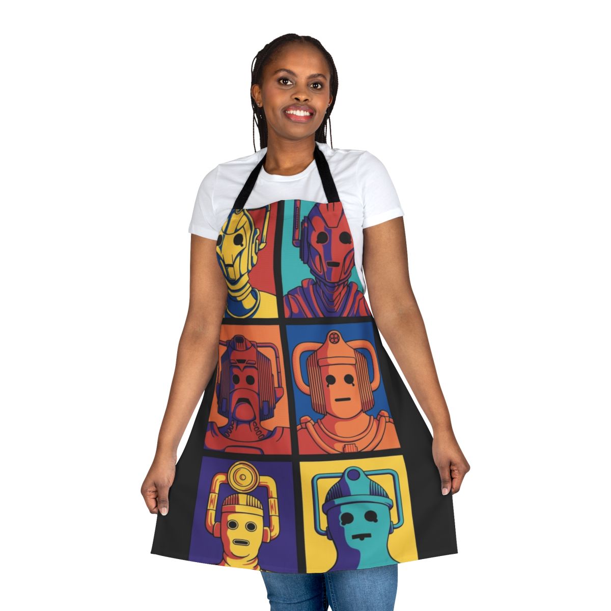 Cyberpop evolution apron with pop art inspired Doctor Who Cybermen design