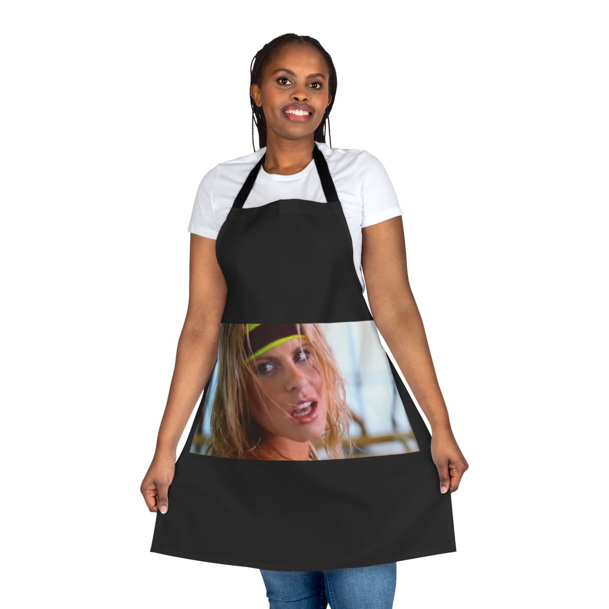 Woman wearing a stylish apron with an electronic dance music inspired design