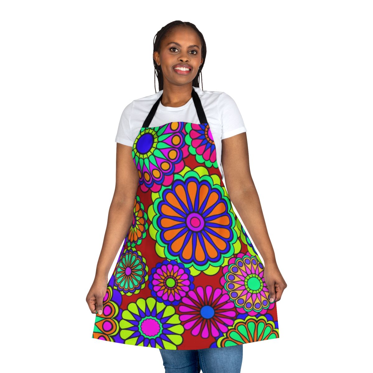 Colorful retro floral apron with vintage 1960s and 1970s inspired flower power design