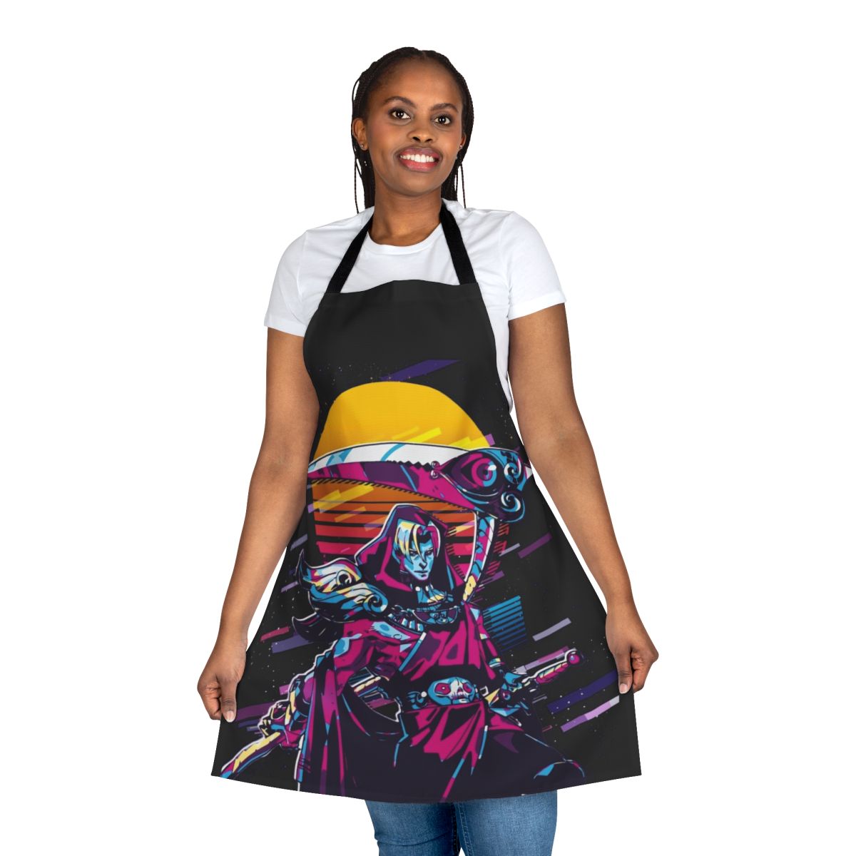 Retro-style apron featuring the characters Thanatos and Zagreus from the game Hades