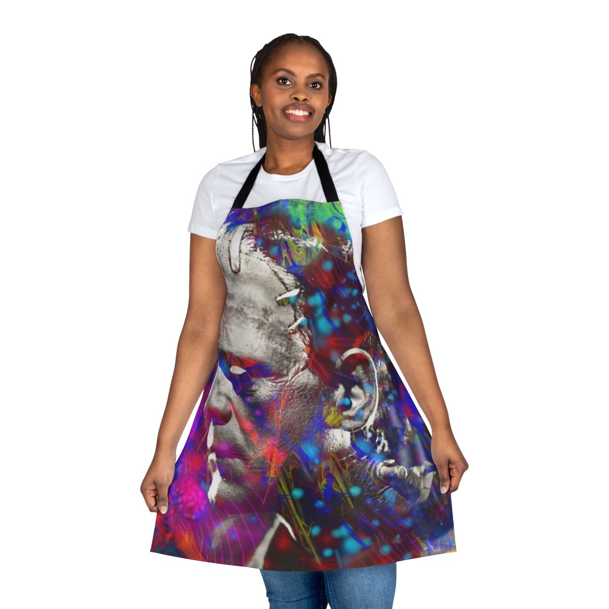Frankenstein-inspired apron featuring a colorful, contemporary design