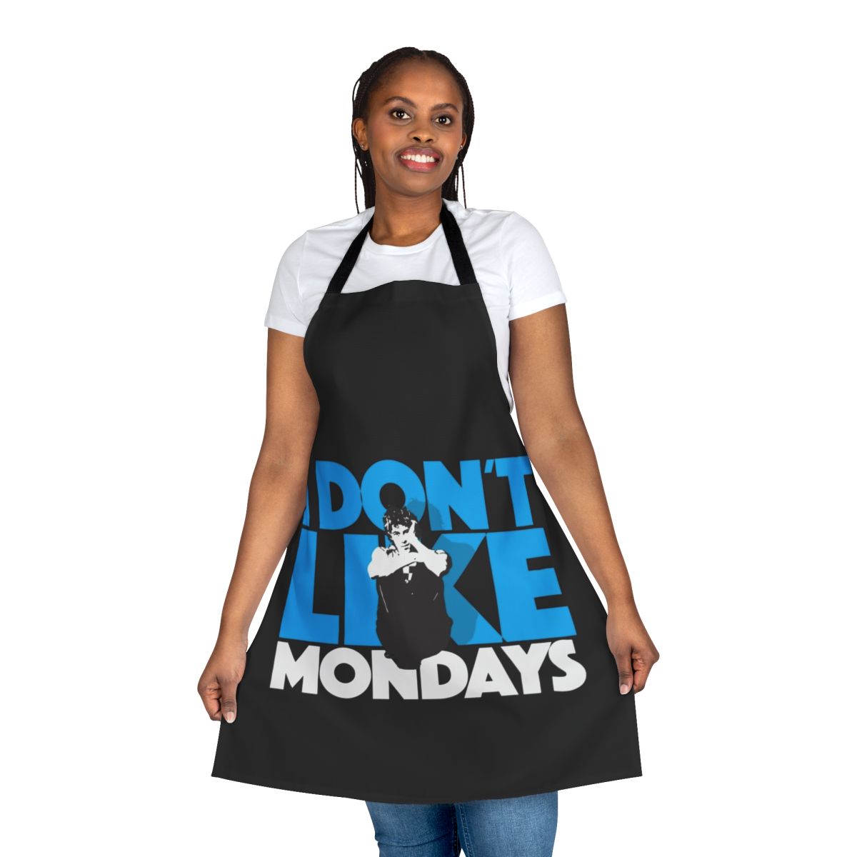 Retro "I Don't Like Mondays" inspired apron with punk, new wave, and 80s design elements