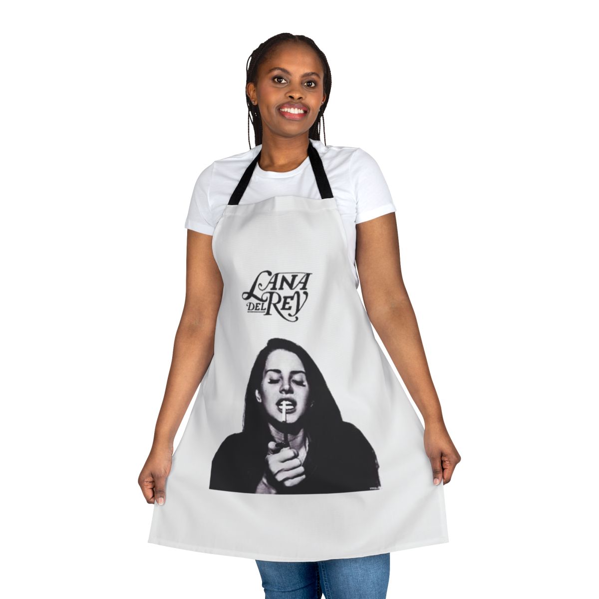 Black and white apron with a smoke design, perfect for cooking or music fans