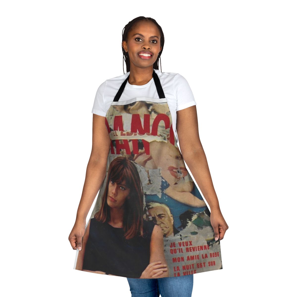 Retro-style black and yellow apron featuring the image of a French girl from the 60s or 70s