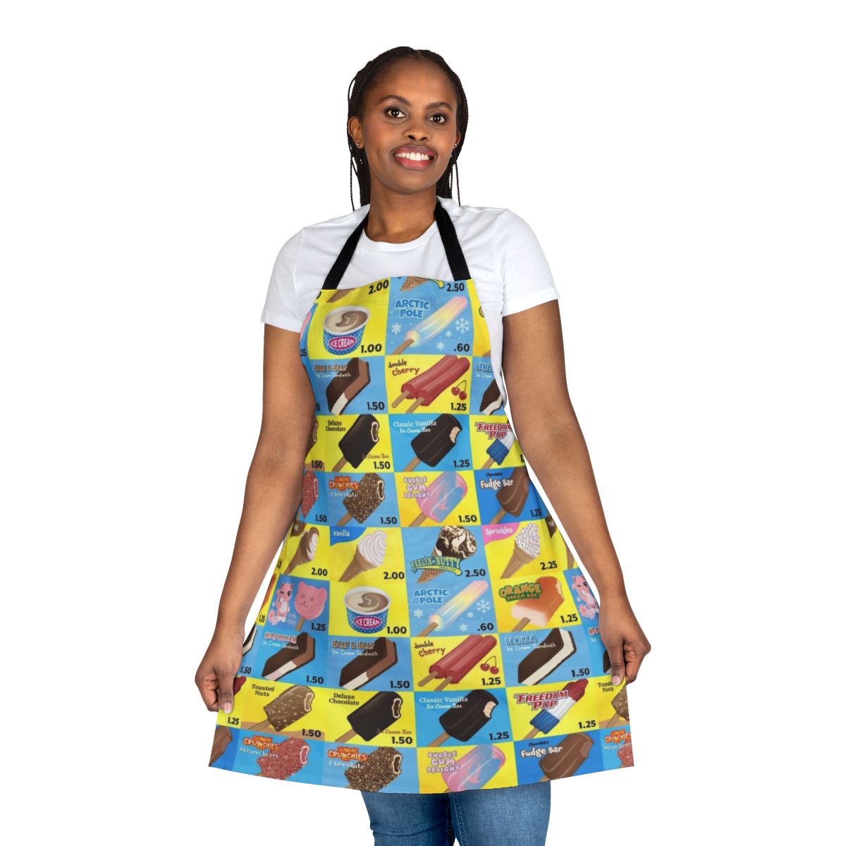 Colorful, vintage-style apron featuring an ice cream truck menu design